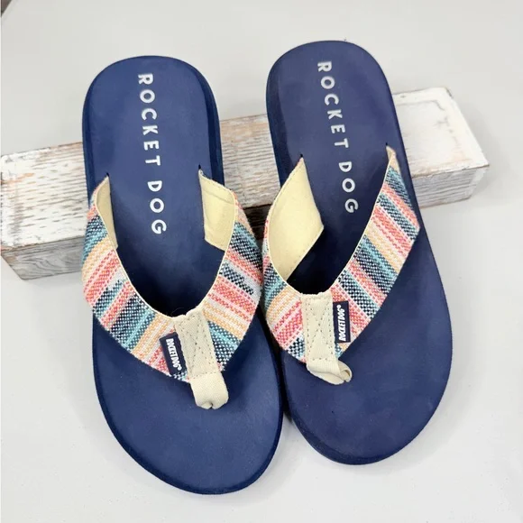 ROCKET DOG "Adios Stark" Women's Flip Flops with Striped Woven Straps-9 - Picture 1 of 6